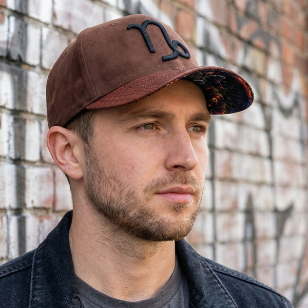 Zodiac Capricorn Curved Cap - Brown Suede & Artificial Leather